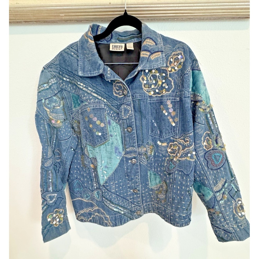 Chico's 3 Denim Jacket Cotton Blue Patchwork Embroidery Sequin Work Stunning - Picture 3 of 8